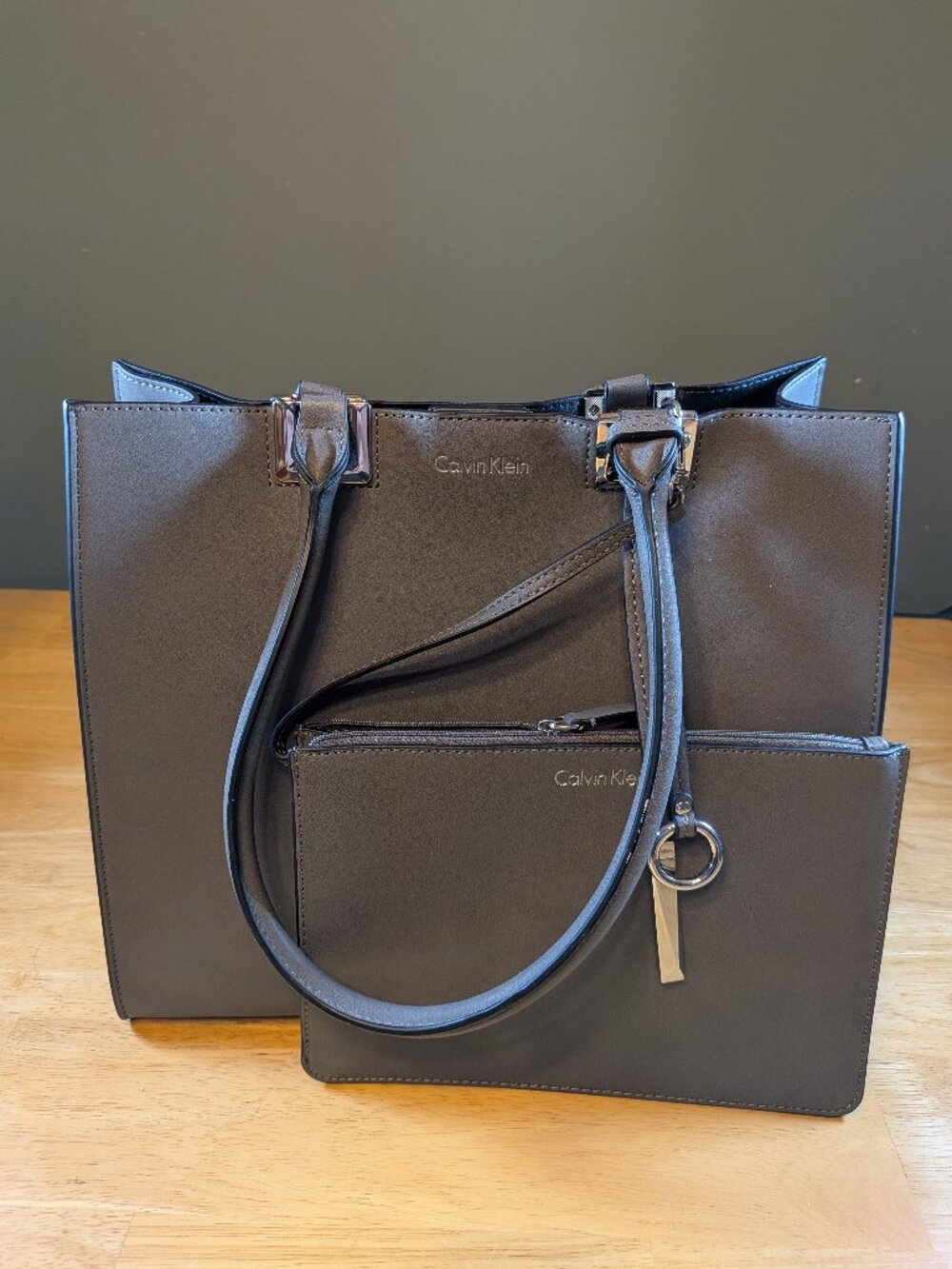 New Calvin Klein Juliette Dark Grey Leather Bag with matching Clutch
